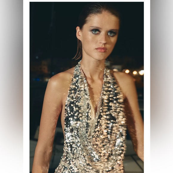 ZARA SEQUIN HALTER MINI DRESS - Picture 8 of 13